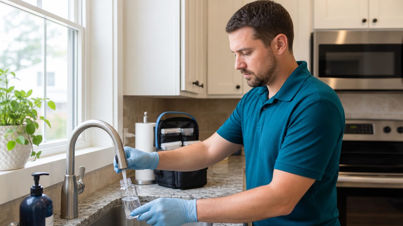 Seminole Water Co technician collecting a certified water sample at a kitchen sink