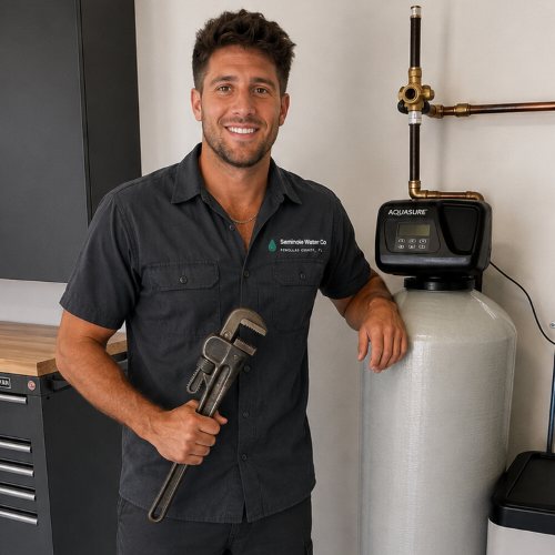 A licensed plumber in a Seminole Water Co shirt beside a newly installed water softener and brine tank