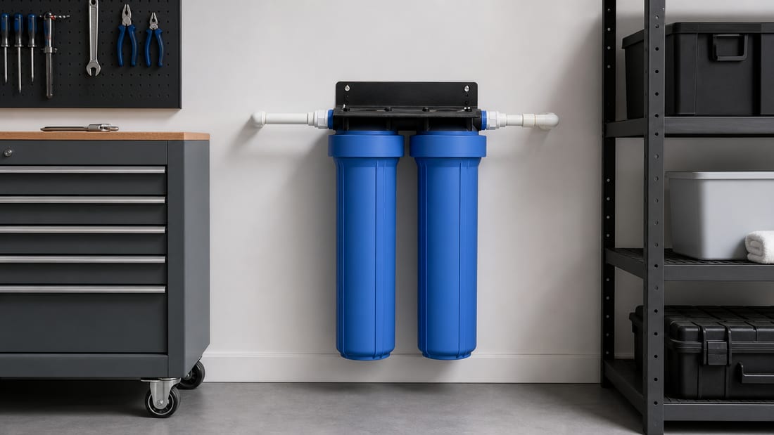 Salt-free water conditioner with dual filter cartridges mounted in a home utility area