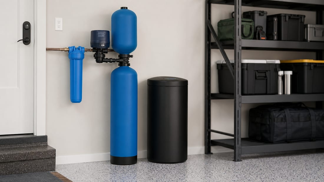 Whole-house water softener and brine tank installed in a Pinellas County garage