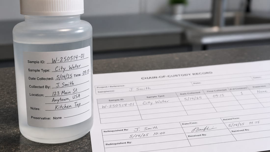 A labeled water sample bottle beside a completed chain-of-custody record on a counter